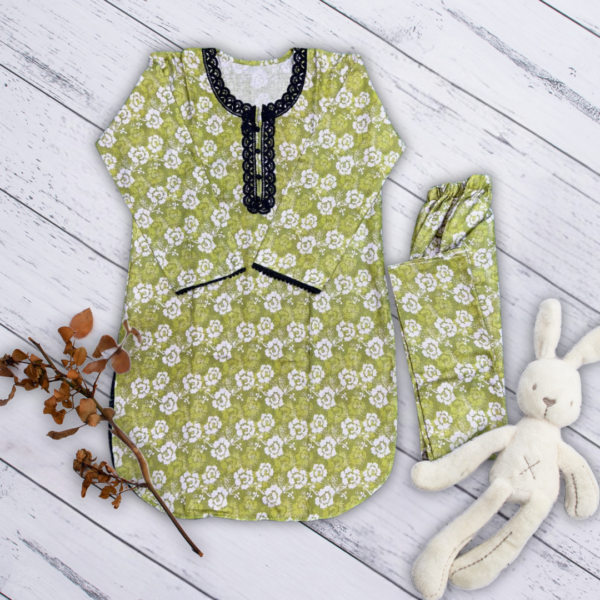 Girls' Floral Cotton Kurta with Matching Trousers Light Olive Green