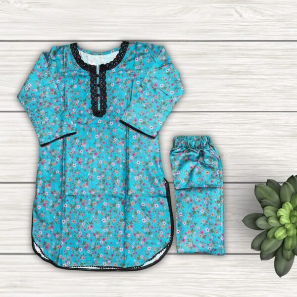 Girls' Floral Cotton Kurta with Matching Trousers Sky Blue